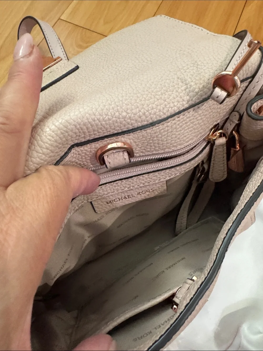 Michael Kors Cream Leather Top-Handle Satchel with Rose Gold Floral Studs